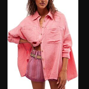 NWT Free People XS Cardiff Oversize Button Up Top -  Pinky Promise
